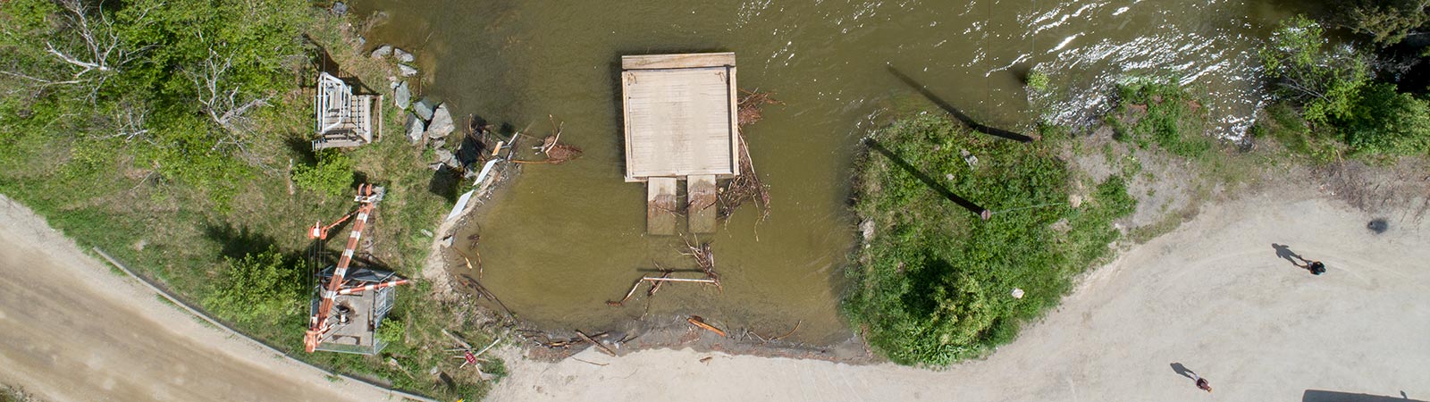 Aerial videography monitoring North Thompson River at the McLure Ferry water levels near McLure British Columbia May 19, 2018