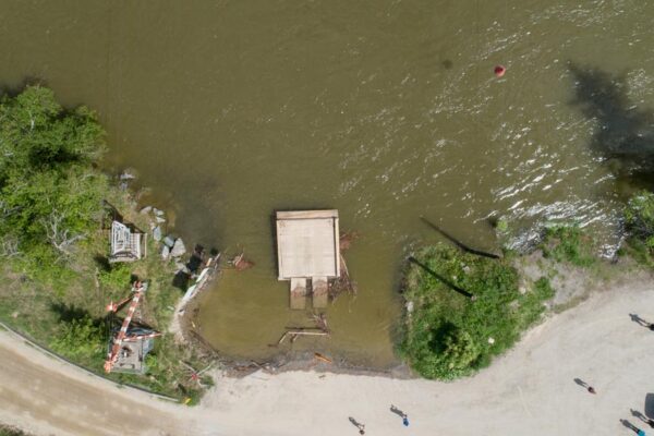 Aerial videography monitoring North Thompson River at the McLure Ferry water levels near McLure British Columbia May 19, 2018
