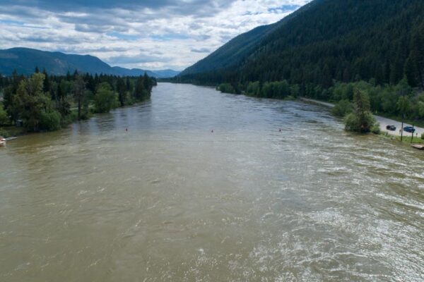 Aerial videography monitoring North Thompson River at the McLure Ferry water levels near McLure British Columbia May 19, 2018