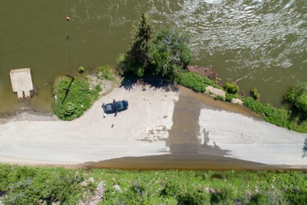 Aerial videography monitoring North Thompson River McLure water levels near McLure British Columbia May 19, 2018