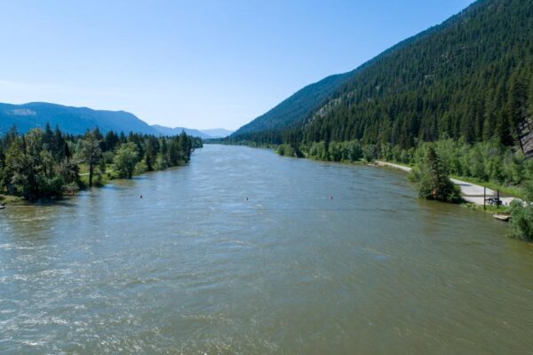 Aerial videography monitoring North Thompson River McLure water levels near McLure British Columbia May 19, 2018