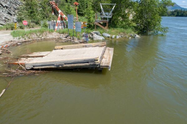 Aerial videography monitoring North Thompson River McLure water levels near McLure British Columbia May 19, 2018